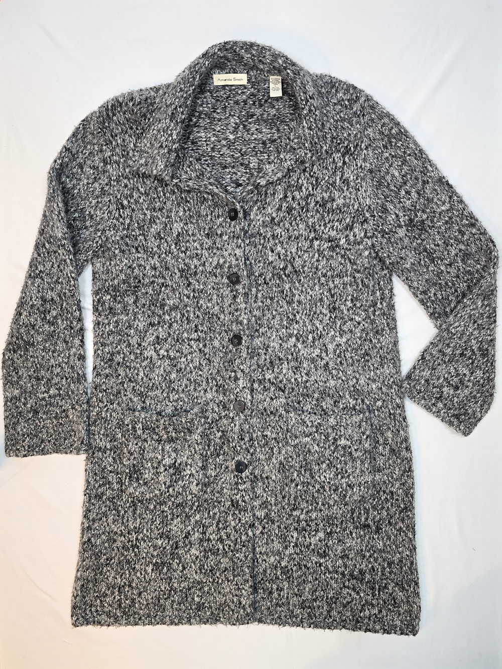 Amanda Smith Gray Black Tweed Long Button Cardigan Sweater Coat Large